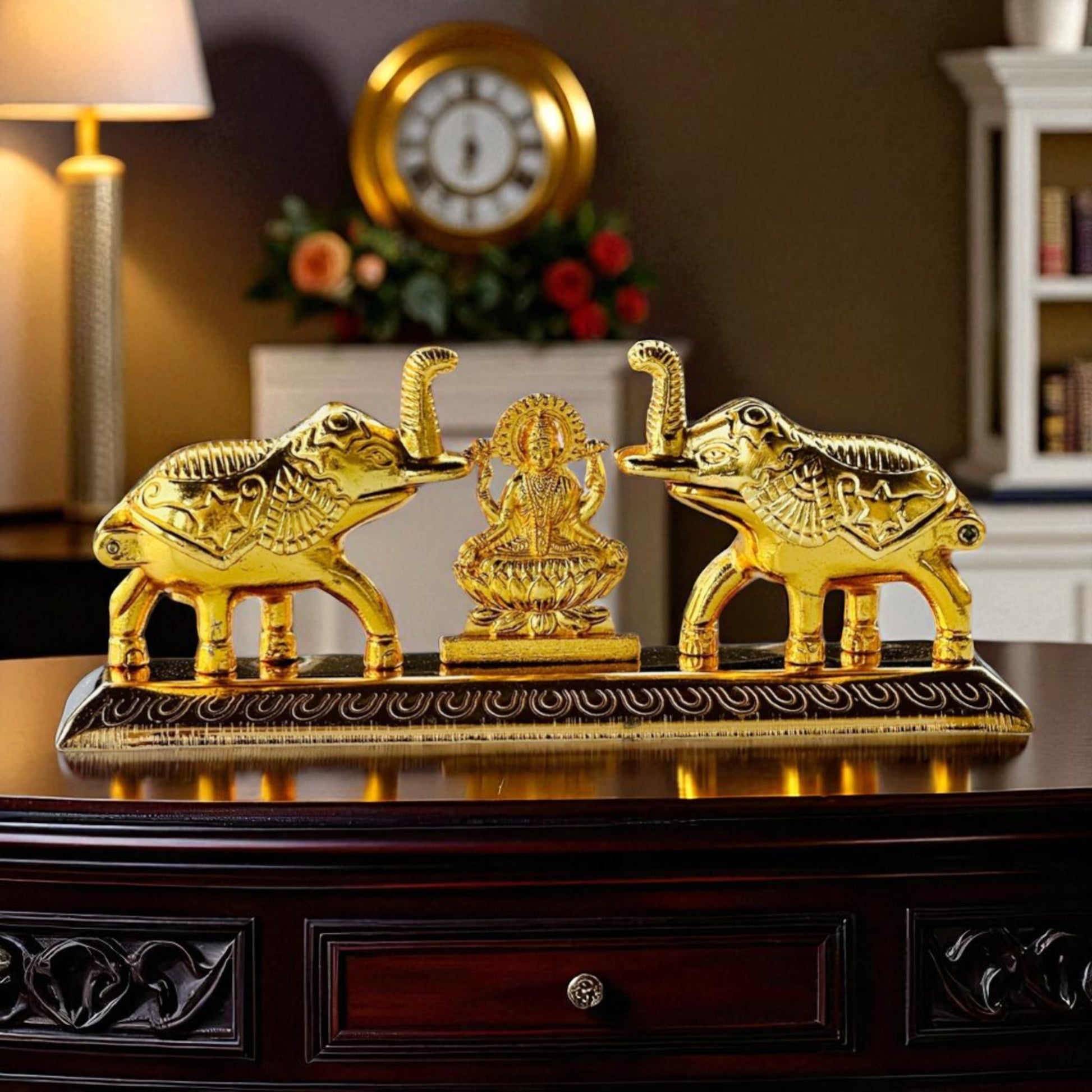 Lakshmi Haldi Kumkum Holder with Elephants – Gold-Plated Decorative Storage Box for Pooja & Gifting - Vanika Store
