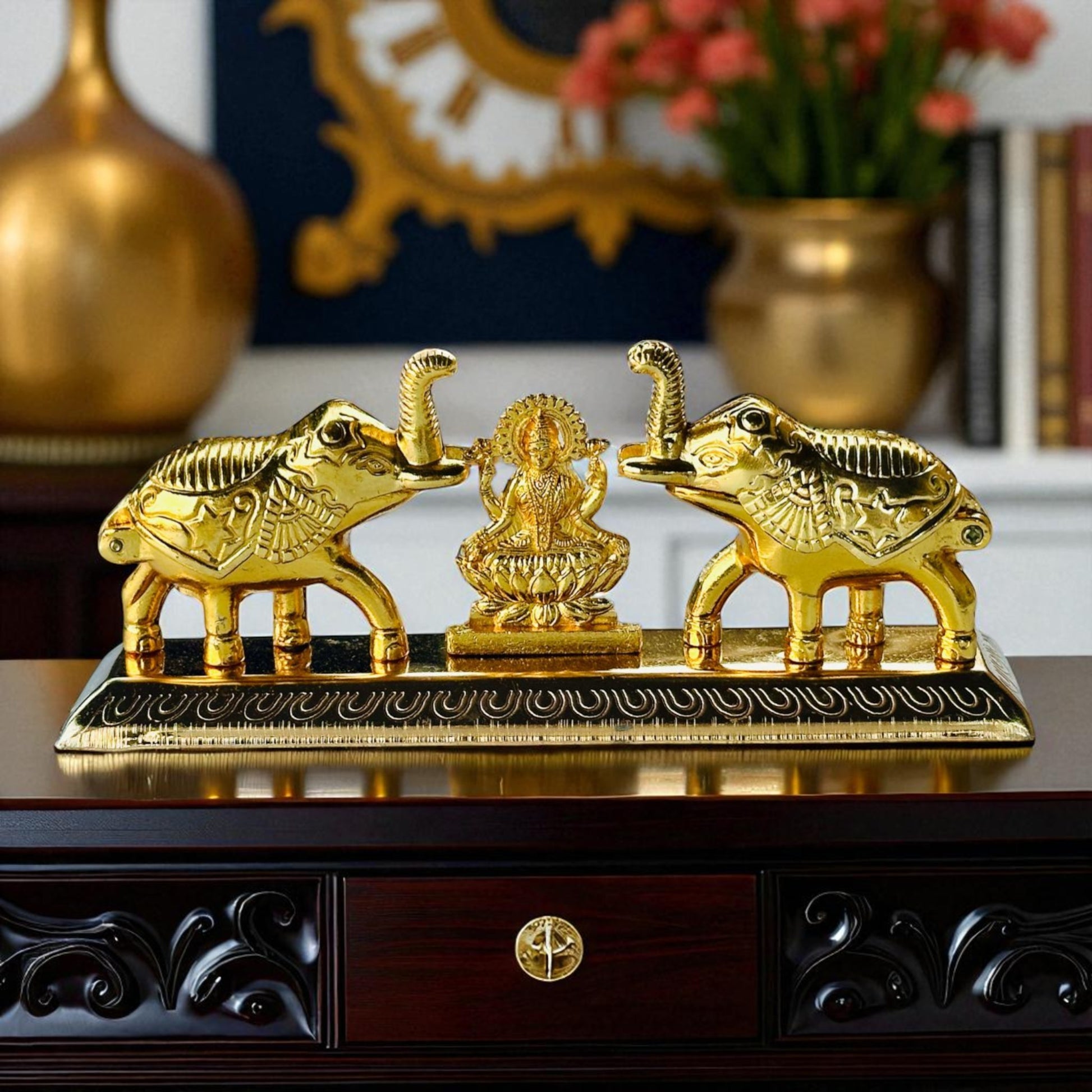 Lakshmi Haldi Kumkum Holder with Elephants – Gold-Plated Decorative Storage Box for Pooja & Gifting - Vanika Store
