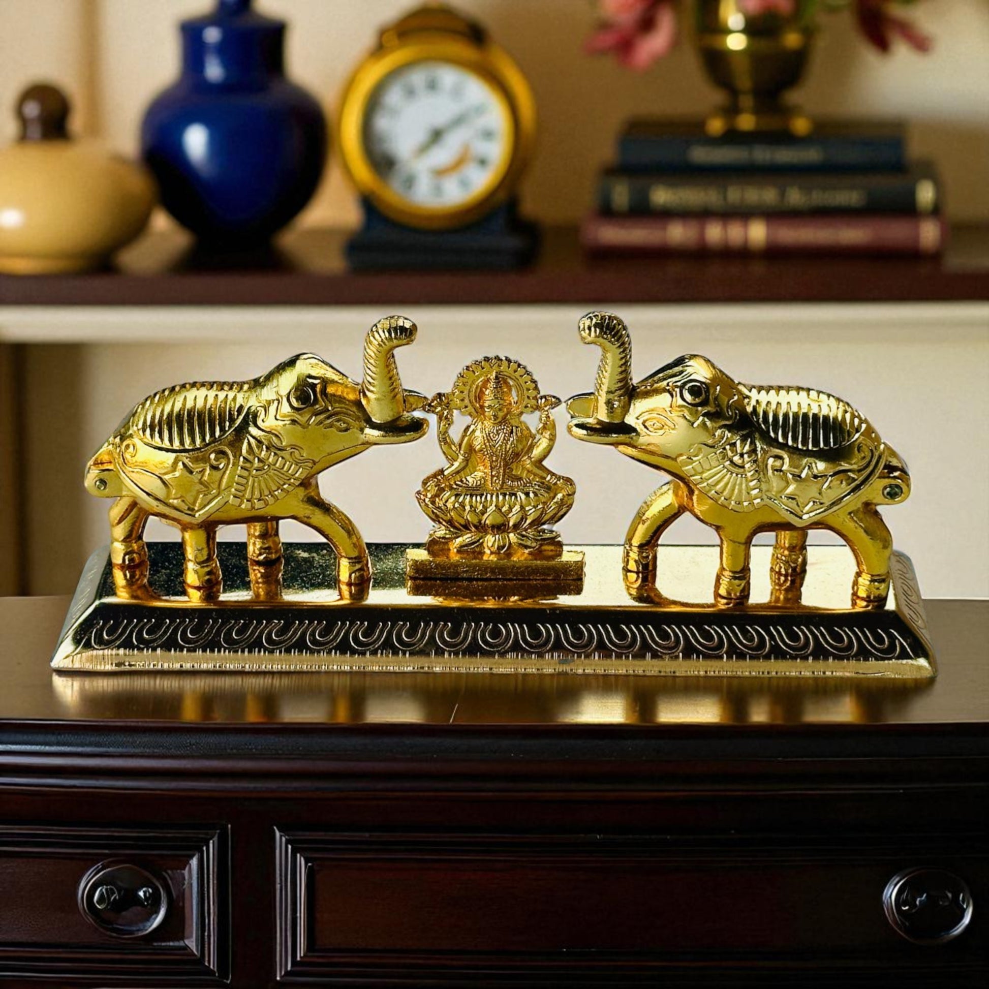 Lakshmi Haldi Kumkum Holder with Elephants – Gold-Plated Decorative Storage Box for Pooja & Gifting - Vanika Store