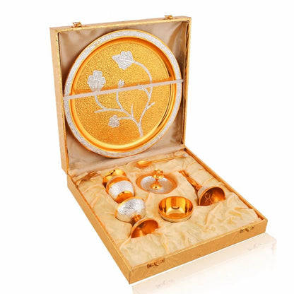 Pure Brass Pooja Thali Set with Accessories & Velvet Storage Box – 10" Diameter, 1.5 Kg Traditional Hindu Puja Plate - Vanika Store