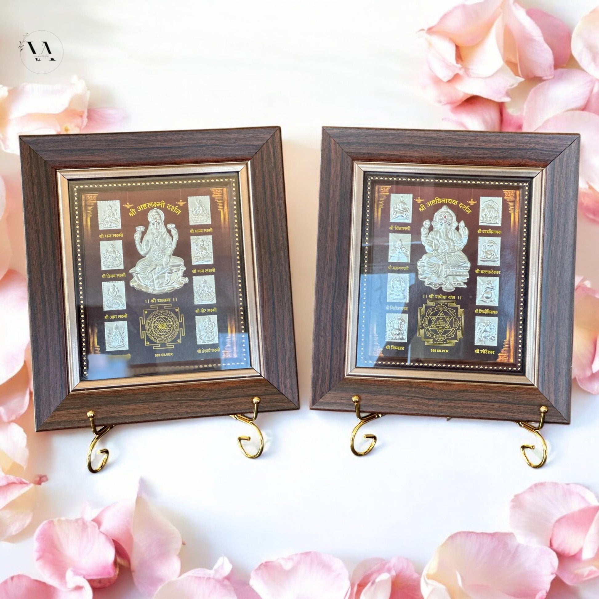 Lakshmi & Ganesha 999 Silver Foil Frame Set – Wooden Wall & Tabletop Décor Gift Vanika Store