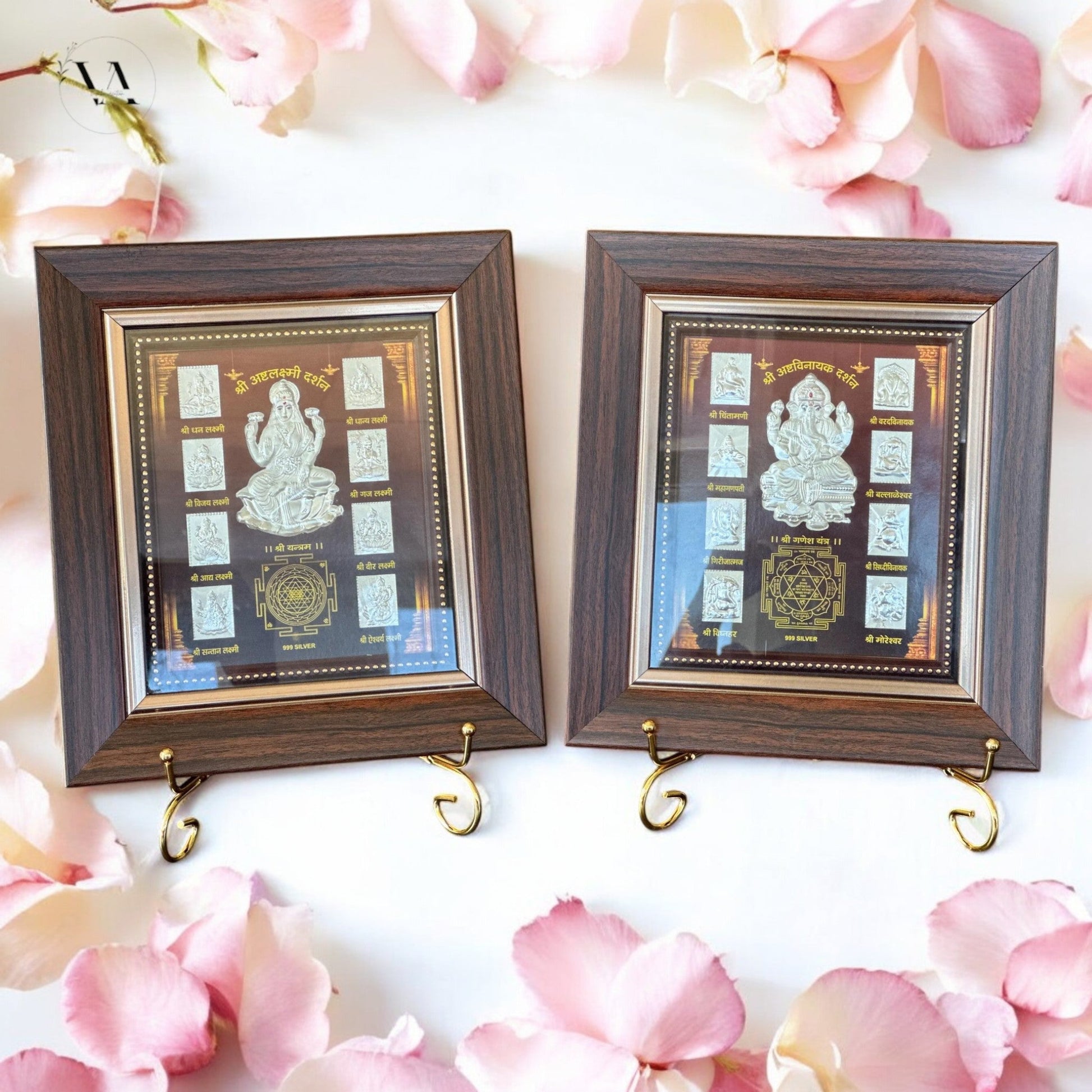 Lakshmi & Ganesha 999 Silver Foil Frame Set – Wooden Wall & Tabletop Décor Gift Vanika Store