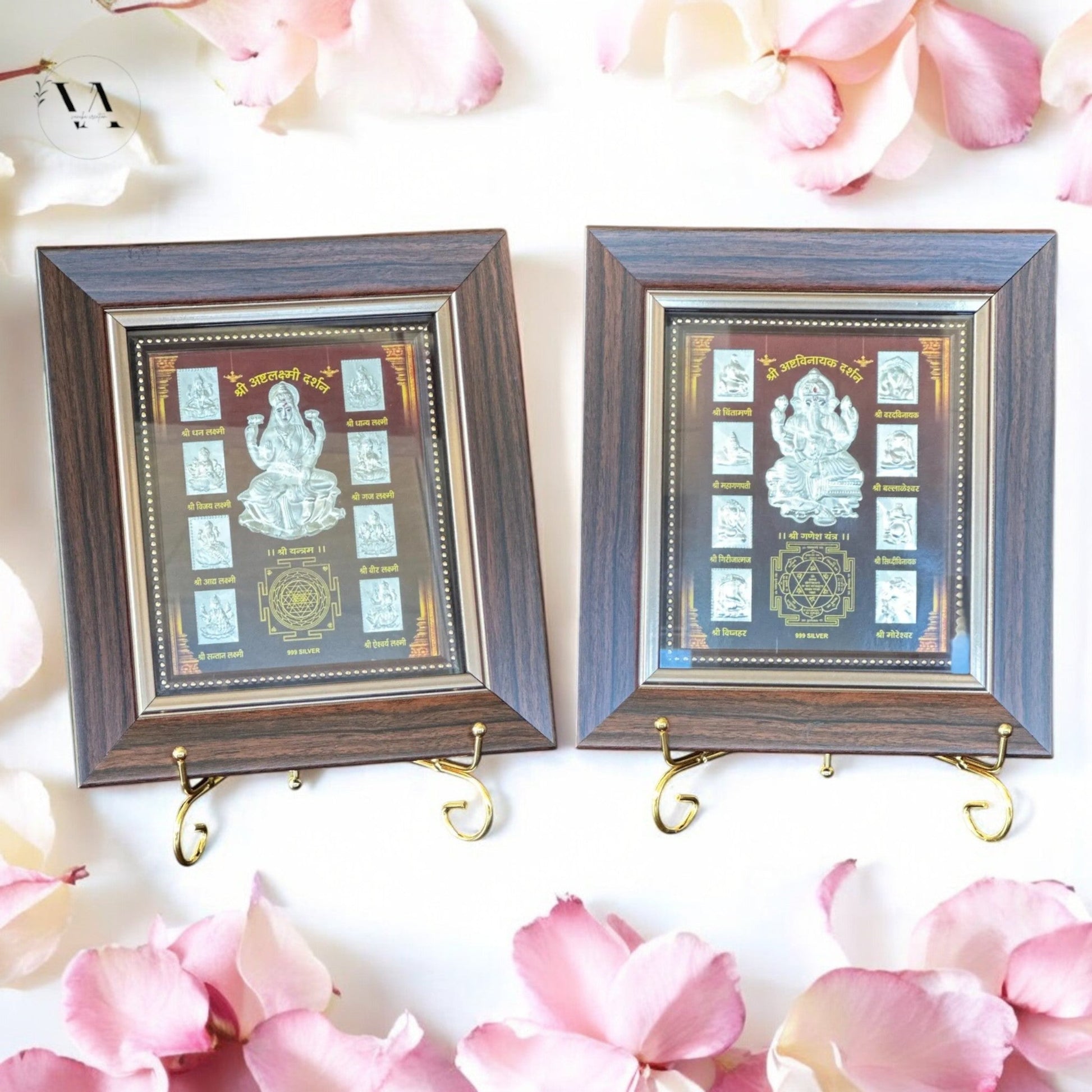 Lakshmi & Ganesha 999 Silver Foil Frame Set – Wooden Wall & Tabletop Décor Gift Vanika Store