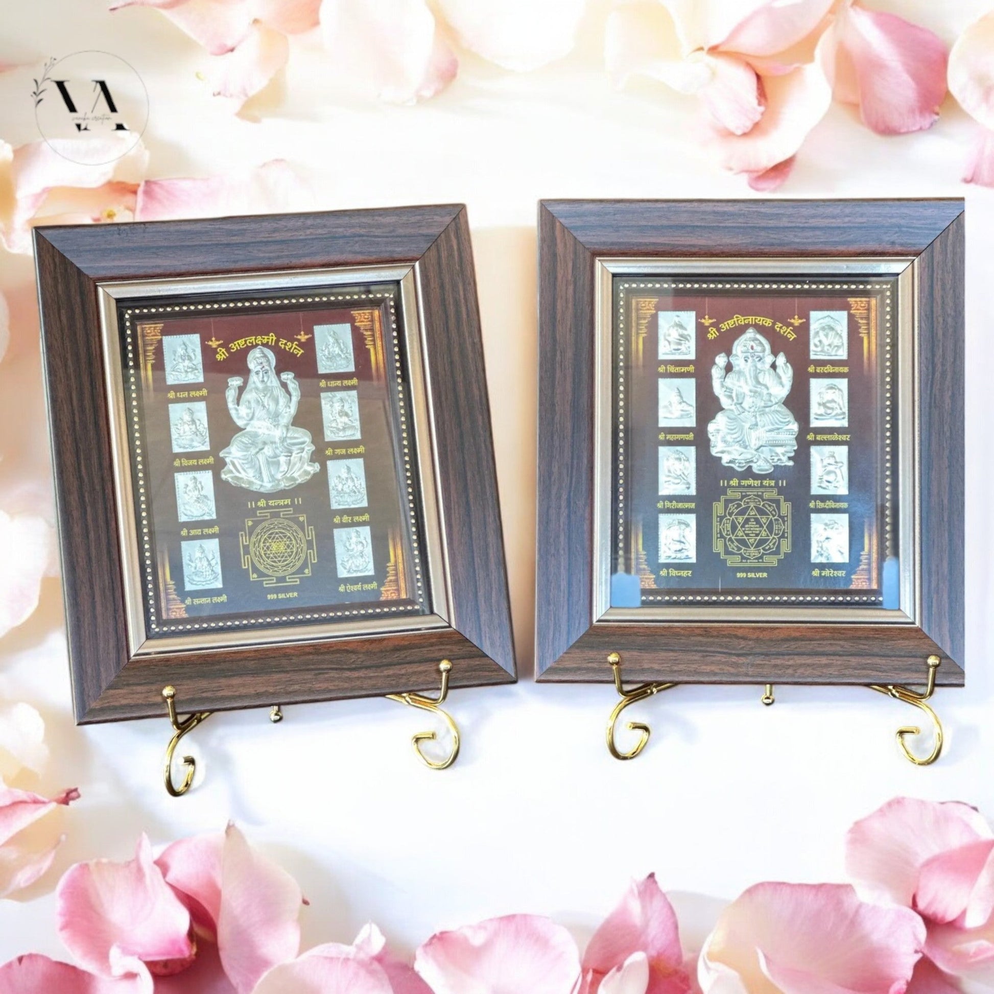 Lakshmi & Ganesha 999 Silver Foil Frame Set – Wooden Wall & Tabletop Décor Gift Vanika Store