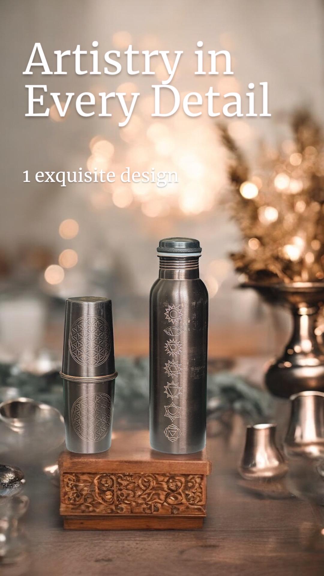 Pure Copper Water Bottle Set with 2 Circle of Life engraved Glasses