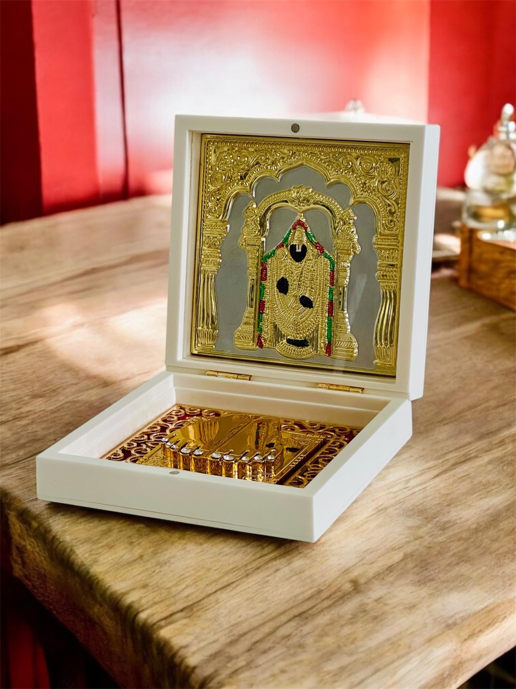 Shri Venkatesaya Tirupati Balaji Charan Paduka – 24K Gold Plated – 4.5" x 4.5" – Sacred Footprints for Prosperity & Devotion - Vanika Store
