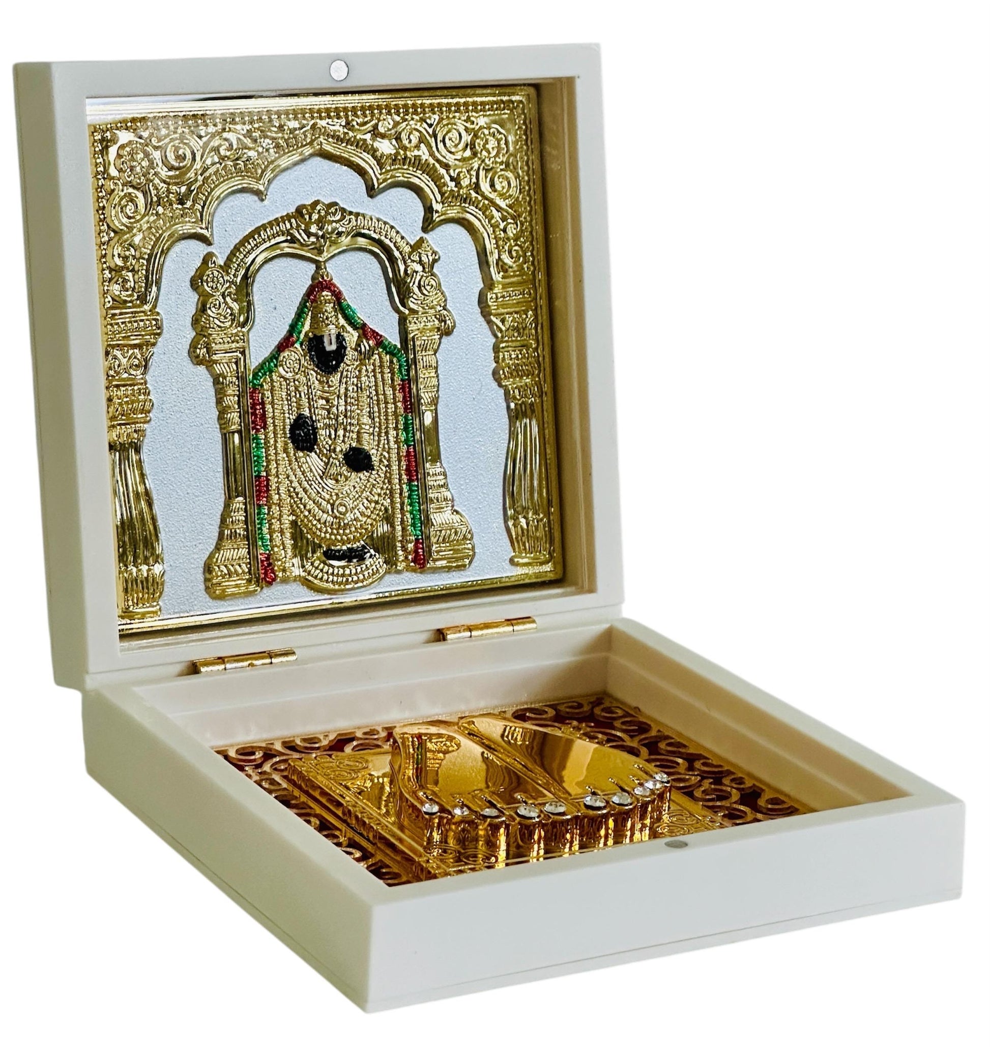 Shri Venkatesaya Tirupati Balaji Charan Paduka – 24K Gold Plated – 4.5" x 4.5" – Sacred Footprints for Prosperity & Devotion - Vanika Store