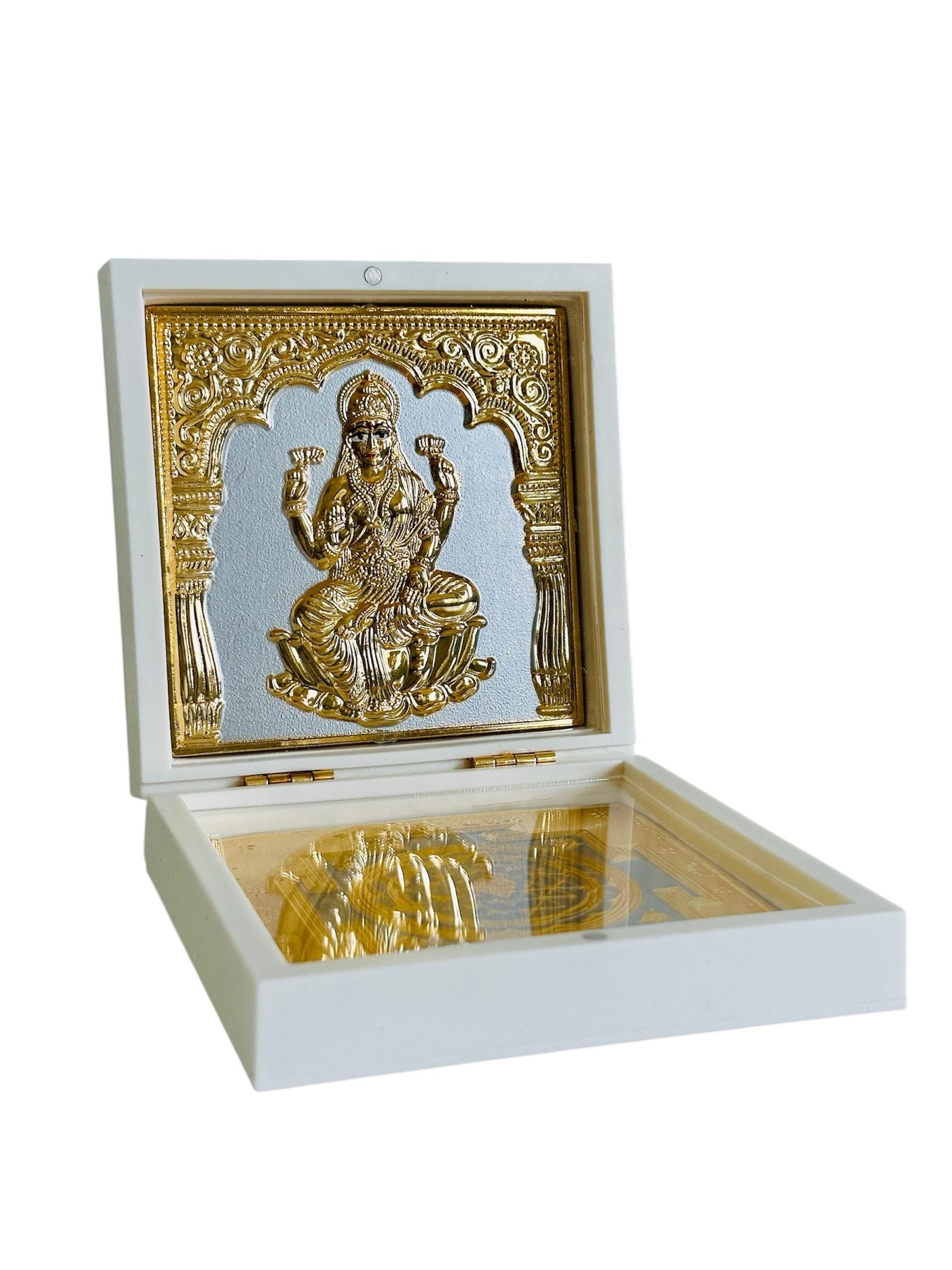 Shri Lakshmi with Lakshmi Yantra – 24K Gold Plated Pocket Temple | Wealth & Prosperity Idol | Small Hindu Pooja Gift | Travel Altar Decor - Vanika Store