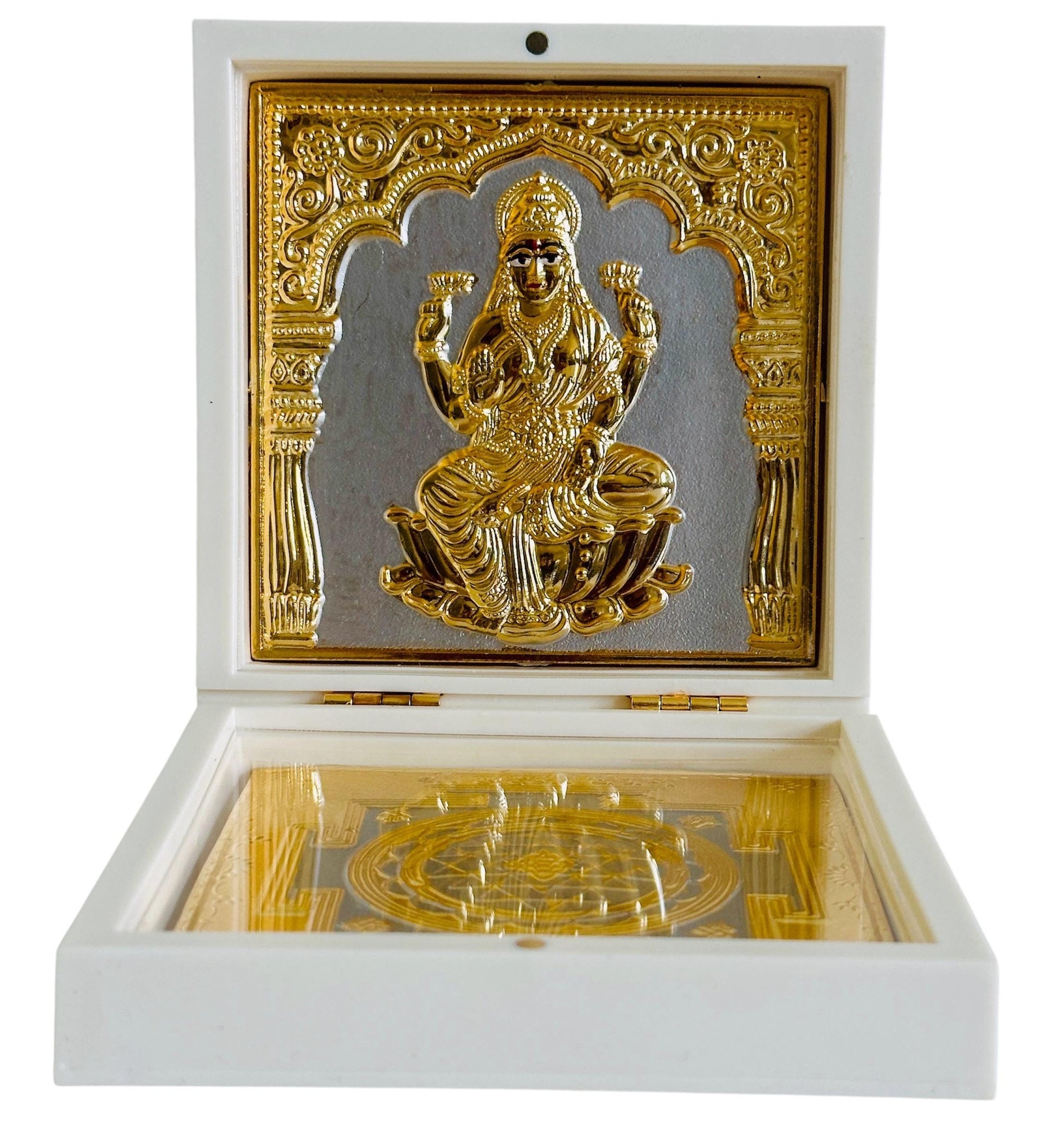 Shri Lakshmi with Lakshmi Yantra – 24K Gold Plated Pocket Temple | Wealth & Prosperity Idol | Small Hindu Pooja Gift | Travel Altar Decor - Vanika Store