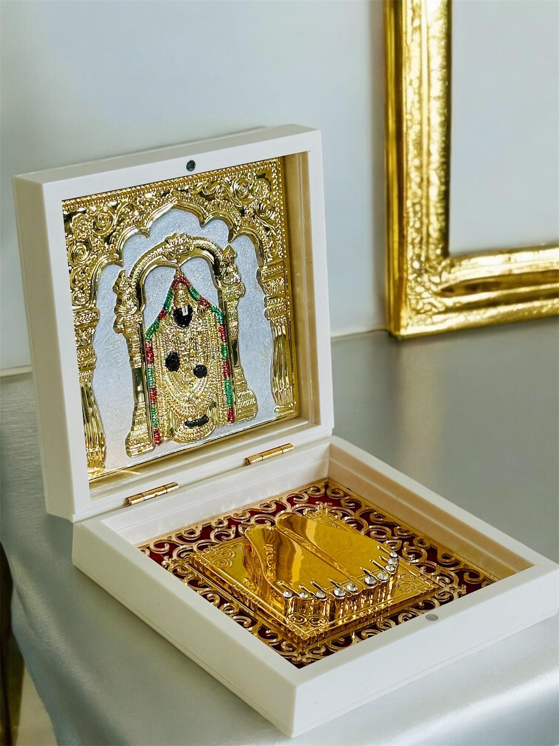 Shri Venkatesaya Tirupati Balaji Charan Paduka – 24K Gold Plated – 4.5" x 4.5" – Sacred Footprints for Prosperity & Devotion - Vanika Store