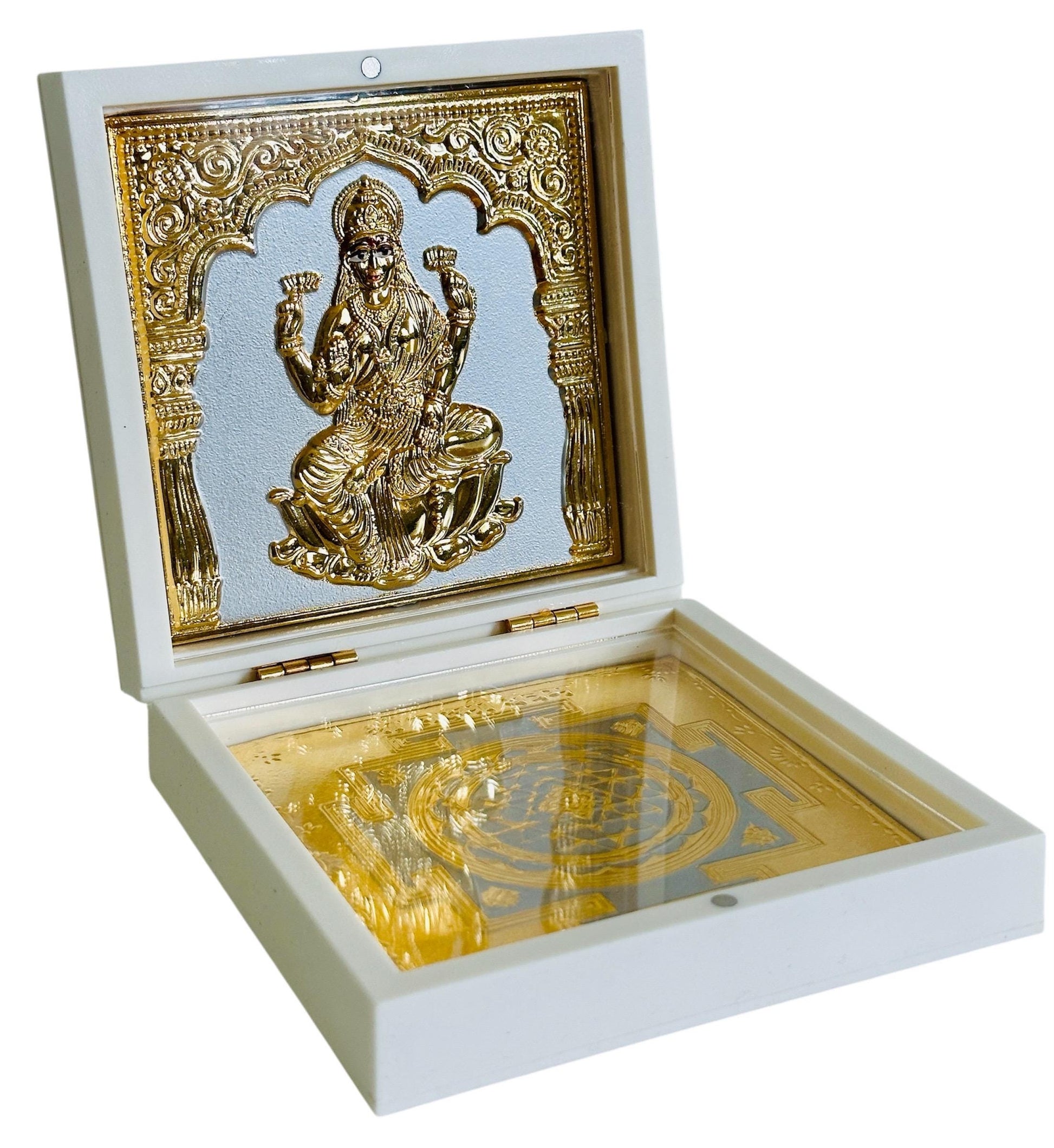 Shri Lakshmi with Lakshmi Yantra – 24K Gold Plated Pocket Temple | Wealth & Prosperity Idol | Small Hindu Pooja Gift | Travel Altar Decor - Vanika Store