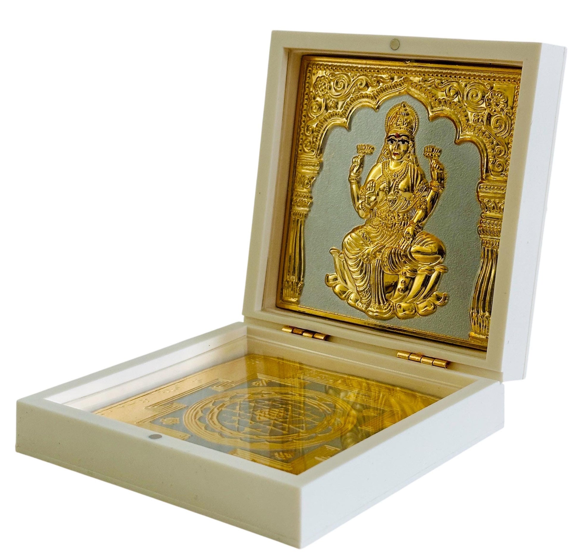 Shri Lakshmi with Lakshmi Yantra – 24K Gold Plated Pocket Temple | Wealth & Prosperity Idol | Small Hindu Pooja Gift | Travel Altar Decor - Vanika Store