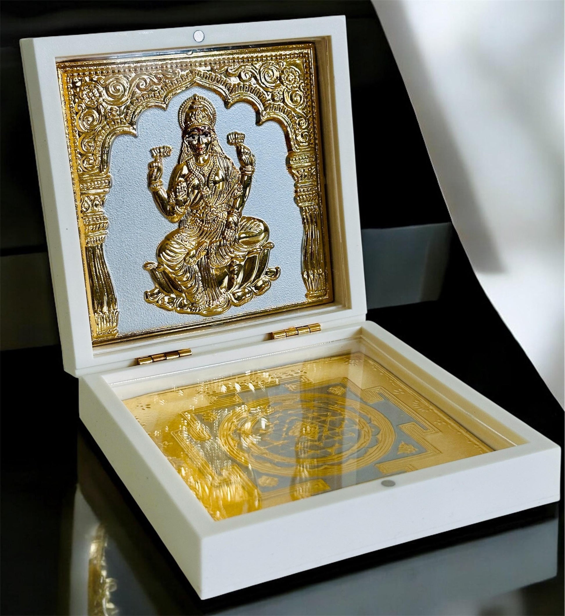 Shri Lakshmi with Lakshmi Yantra – 24K Gold Plated Pocket Temple | Wealth & Prosperity Idol | Small Hindu Pooja Gift | Travel Altar Decor - Vanika Store
